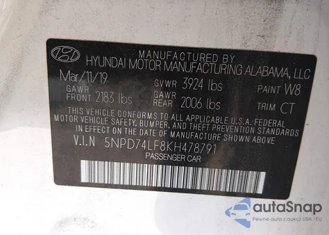 2019 Hyundai Elantra Se z USA, uszkodzony, nr VIN 5NPD74LF8KH478791